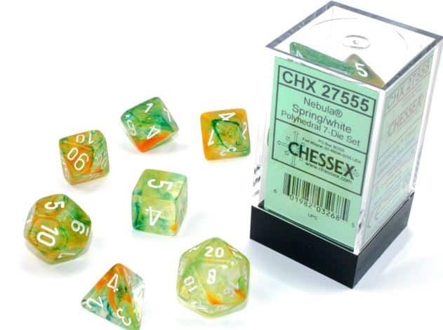CHX27555 Nebula Luminary Spring w/White Polyhedral 7pc dice set image 0